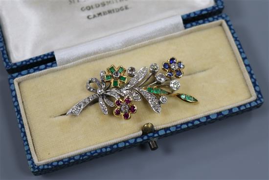 A white and yellow gold multi-gem floral spray brooch, L 5cm